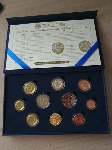Официальный набор монет евро 2014 года Мальты регулярного чекана 1, 2, 5, 10, 20, 50 центов, 1 и 2 евро и 2 евро 50 лет независимости. BU
