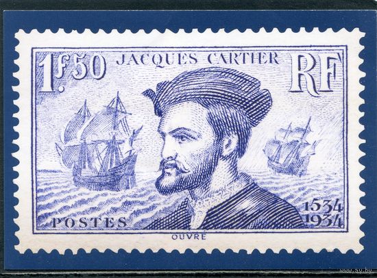 Франция. Почтовая карточка с ОМ. Жак Карье, мореплаватель. Марка - Военно-морской флот. 2024 год