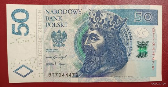 Польша. 50 злотых 2017 года, красивый номер: BT 79 444 79. Торг