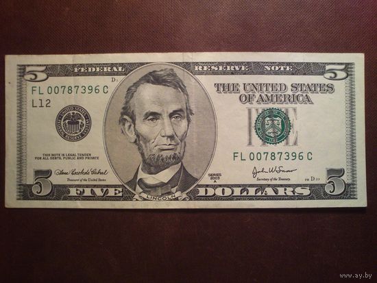 США 5 долларов  2003 г.Серия FL-C.Состояние VF./пе-247/