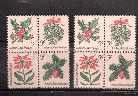 США-1964, (Мих.869-872 х+у) , ** , Рождество, Флора, Цветы(полная серия ), 2 типа бумаги