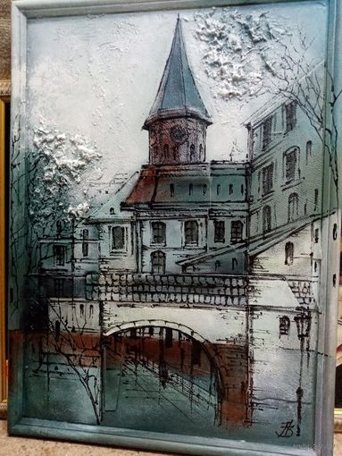Зезекало Андрей "Старый город", 43х33см. натуральная кожа, акрил, текстурная паста.