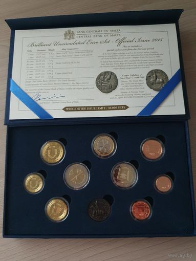 Официальный набор монет евро 2015 года Мальты регулярного чекана 1, 2, 5, 10, 20, 50 центов, 1 и 2 евро и 2 евро Провозглашение Республики. BU