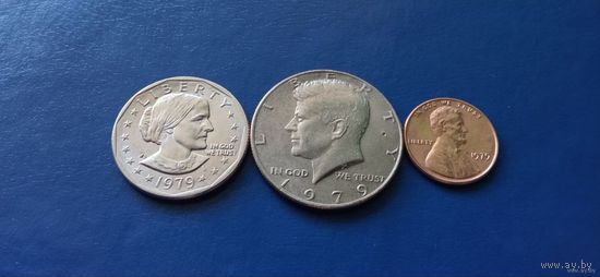 1 доллар,50 и 1 центы 1979 год США "Сьюзен Энтони" (Состояние на фото,в лоте 3 монеты)