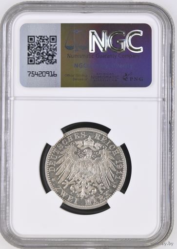 Германия. Бавария. 2 марки 1911 D. слаб NGC PF62