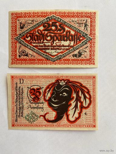 Нотгельд 25 пфеннигов Биллефельд. Веймарская республика - 1602 (3)