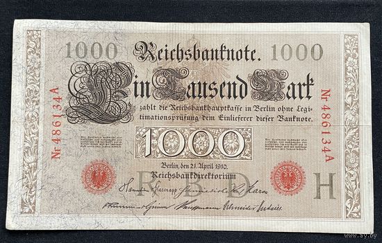 1000 марок 1910 год / Германская империя банкнота тип 1884 года Brauner Tausender / номер шесть знаков, красная печать