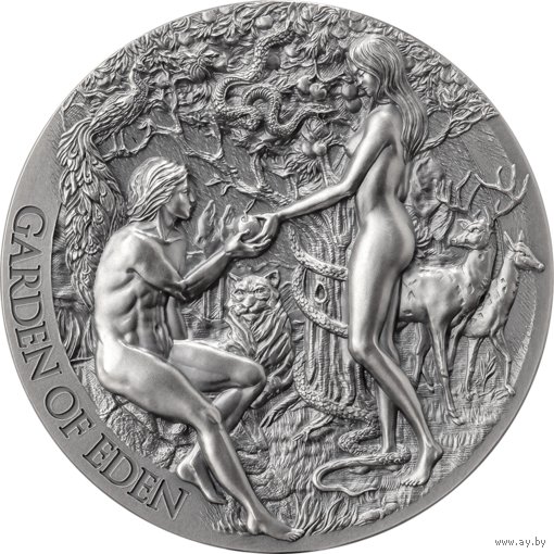 Камерун 2000 франков 2023г. "Библейские истории. Райский сад". Монета в капсуле; подарочном футляре; сертификат; коробка. СЕРЕБРО 62,20гр.(2 oz).