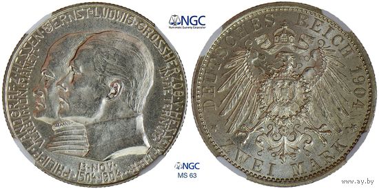 2 марки 1904 г. Гессен. Германия. NGC MS 63. 400 лет со дня рождения Филиппа Великодушного. Серебро. КМ# 372.