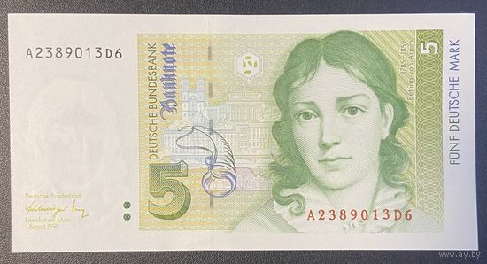 Банкнота 5 марок. Беттина фон Арним. 1991 год. НЕ БЫЛА В ОБОРОТЕ
