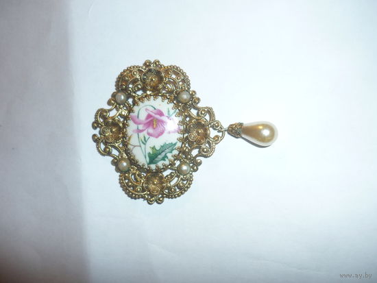 RRR! Шикарное Антикварная Чешская брошь 1890--1910 гг. Фарфор Ручная Роспись