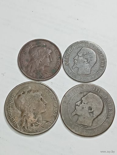 Франция 5 сантим 1854 года А (Париж) , 1916 года , и 10 сантимов 1853 года   W ( Люлль) , 1900 года .