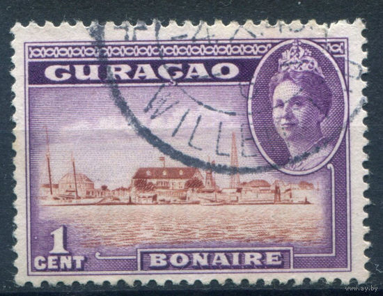 Нидерландские колонии - Кюрасао - 1943г. - ландшафты, достопримечательности, королева Вильгельмина, 1 с - 1 марка - гашёная, есть небольшой разрыв сверху справа [Mi 198]. #3-WB-81-A-1