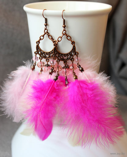 Серьги медные с чешским стеклом и перьями розовые. С 1 рубля, без МЦ