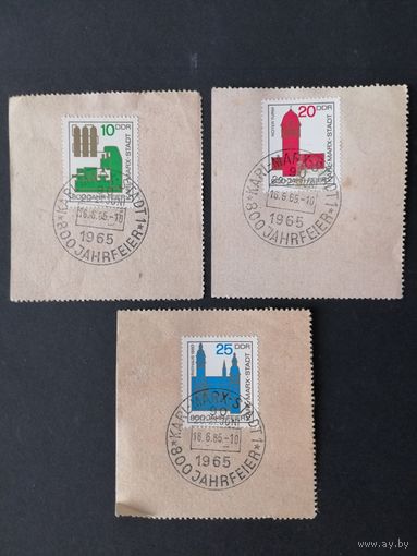 ГДР 1965 Полная серия марок на вырезках "800 лет городу Хемниц (Карл-Маркс-Штадт)" (спецгашение) Mi.1117-1119 каталог 2.00 евро