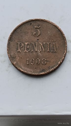 5 пенни 1908 года для Финляндии (Николай II). Монета не чищена. 856