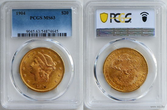 20 долларов 1904 г. Двойной орел. США. PCGS MS 63. Золото. KM# 74.3