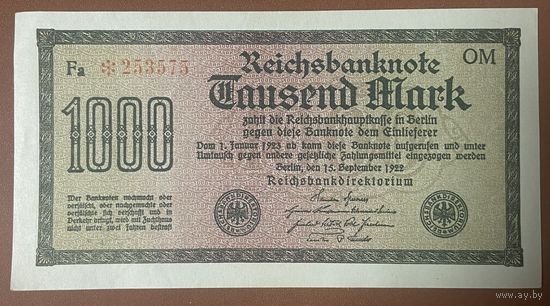 Банкнота 1000 марок 1922 год. Веймарская республика