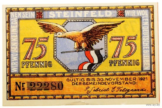 РАСПРОДАЖА!!! - ГЕРМАНИЯ Коммуна ШТАЙНФЕЛЬД (ШЛЕЗВИГ) 75 пфеннигов 1921 год - UNC!
