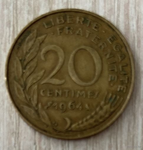 Монета. Франция. 20 сантимов 1964 год. С рубля без МЦ.