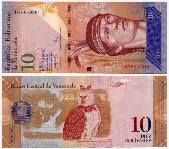 Венесуэла. 10 боливаров (образца 2007 года, P90a1, 3 полоски для слепых, UNC)
