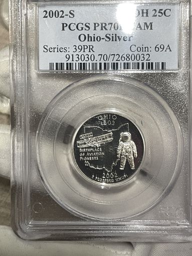 25 центов 2002 -s штат охио pcgs pf 70 dcam высшая оценка !! очень красивая серебряная монета с рубля !