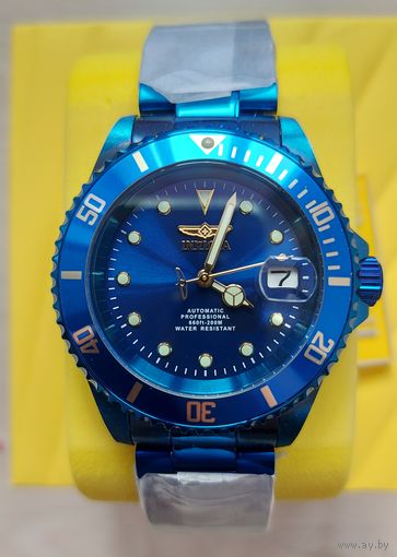 Часы Invicta Pro Diver Automatic Blue Label, новые. Механика, оксидированные корпус и браслет. Водозащита WR 200 м по ISO 22810.