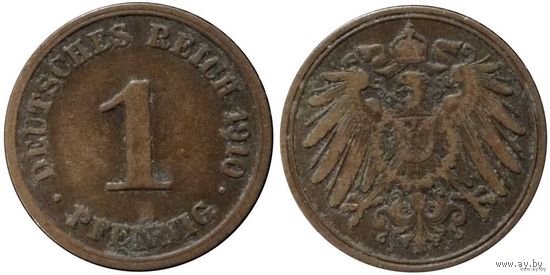 YS: Германия, Рейх, 1 пфенниг 1910J, KM# 10