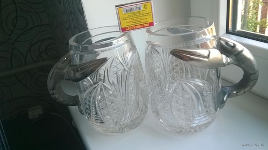 Новогодняя распродажа !Пара хрустальных пивных бокала РАКИ .Редкие, антикварные из СССР.!!!Снижение цены до конца аукциона!!