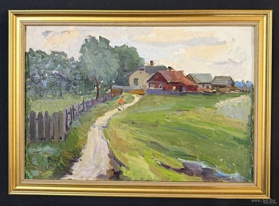 Савицкий В.Н "Переселка", 1952г. Картон, масло. Размер с рамой 40х55,5 см.