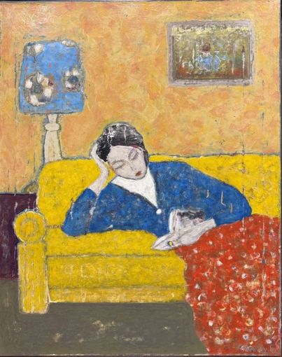 Лисовский А.С "Девушка с книгой",или Желтый диван; 2021г. Холст, акрил. Размер 50х40 см.