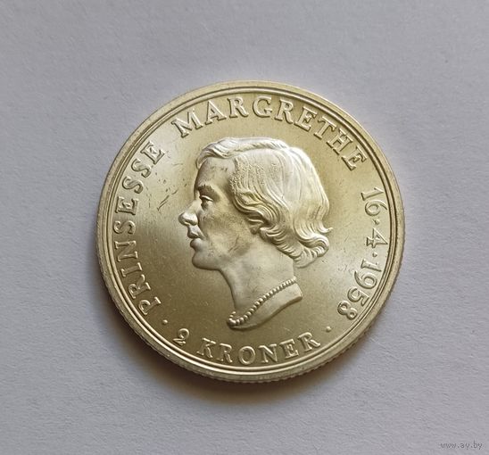 2 кроны, 1958г . 800пр., 18 лет Принцессе Маргрете .Дания. Тираж 301 426 т.