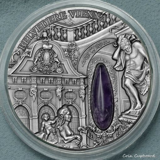 Ниуэ 2 доллара 2015г. "Зимний дворец Бельведер Вена. Аметист". Монета в капсуле; деревянном подарочном футляре; сертификат; коробка. СЕРЕБРО 62,20гр.(2 oz).