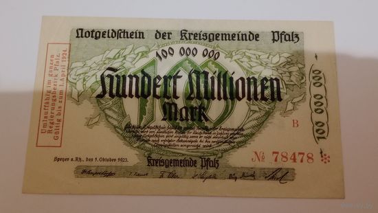 Германия 100 миллионов марок 1923 Пфальц