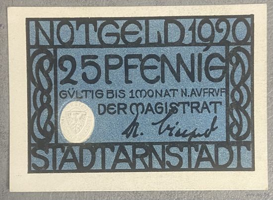 Нотгельд 25 пфеннигов 1920 год Арнштадт. Веймарская республика