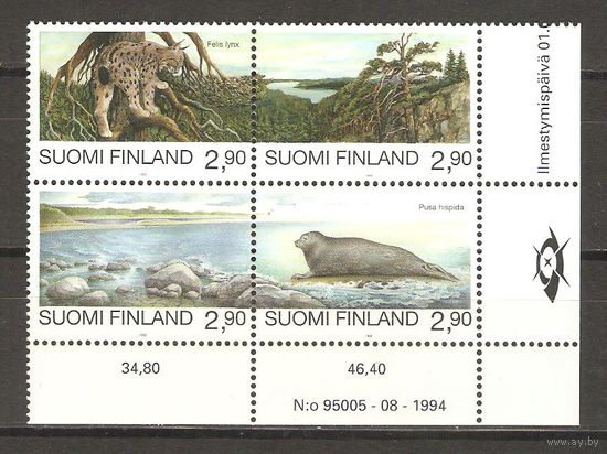 Финляндия 1995г. 1291-94 Совместный выпуск с Россией, Фауна ** поля угол