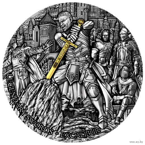 Ниуэ 5 долларов 2024г. "Легендарный меч короля Артура: Экскалибур". Монета в капсуле; деревянном подарочном футляре; номерной сертификат; коробка. СЕРЕБРО 62,20гр.(2 oz).