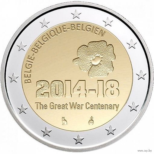 2 евро 2014 Бельгия 100 лет начала Первой Мировой войны UNC из ролла