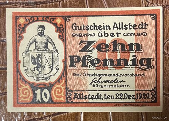 Нотгельд 10 пфеннигов 1920 год. Альштедт. Веймарская республика