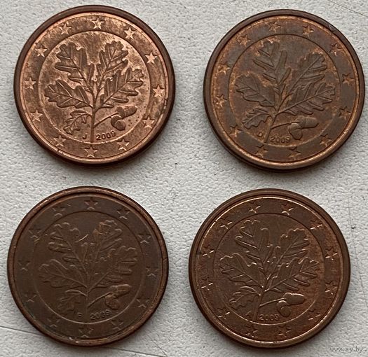 Германия 1 евроцент 2009 г. A, D, F, J. Цена за 1 шт.
