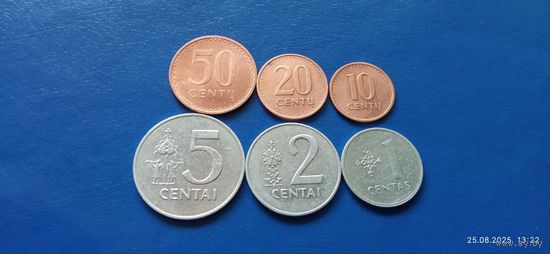 50,20,10,5,2 и 1 центов 1991 год Литва ( Состояние на фото,в лоте 6 монет)