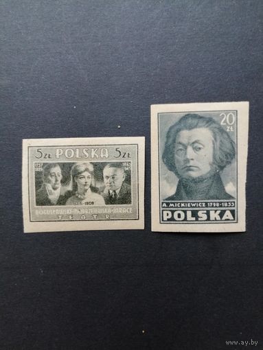 Польша 1947 Две марки из серии "Польская культура" (чистые* с наклейками) Mi.458В,462В каталог 7.00 евро