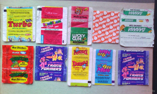 Обёртки (фантики) от жвачек (Turbo, Donald, Mamba, Lucky Gum Biscomisr, OtoMoto Kavun, BomBibom ELMA, Banana, Turtles черепашки ниндзя, Transformers трансформеры).