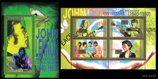 Гвинея 2010 Легенды Музыки Британская рок-группа The Beatles Джон Леннон MNH Блок + лист 4 марки