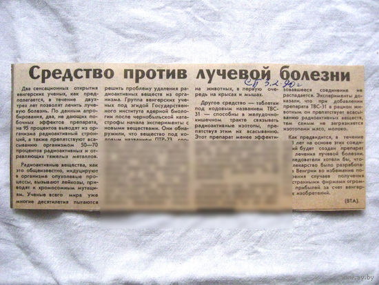 25-34 П4 6-231 Газета Советская Белоруссия 03-02-1990 Вырезка Средство против лучевой болезни