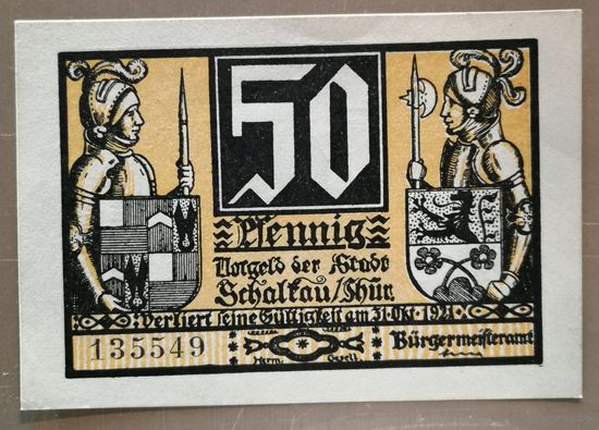 Германия, 50 пфеннигов 1921 год, Веймарская республика, город Шалькау (Тюрингия), S20.5, В2, вар. 1