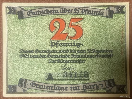 Нотгельд , 25 пфеннигов, Браунлаге , 1921 год. Веймарская республика