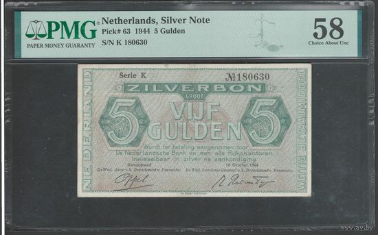 Нидерланды 5 гульденов 1944 года. Тип Р-63. Состояние aUNC. В слабе PMG 58