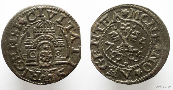 Шиллинг 1575 Рига (ошибка в слове AEGENTEA) Буквы А без перекладины