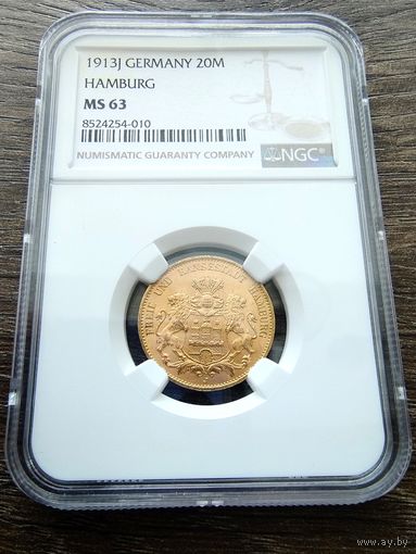 20 марок Гамбург 1913г. NGC MS-63 !!!